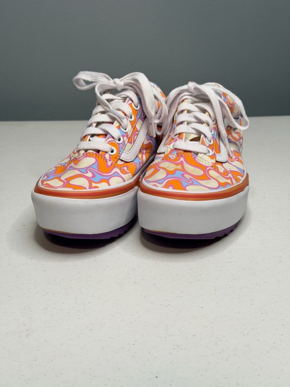 Vans Platform Lace-Up Sneakers in Orange, Pink, Cream Swirl - Picture 2 of 10